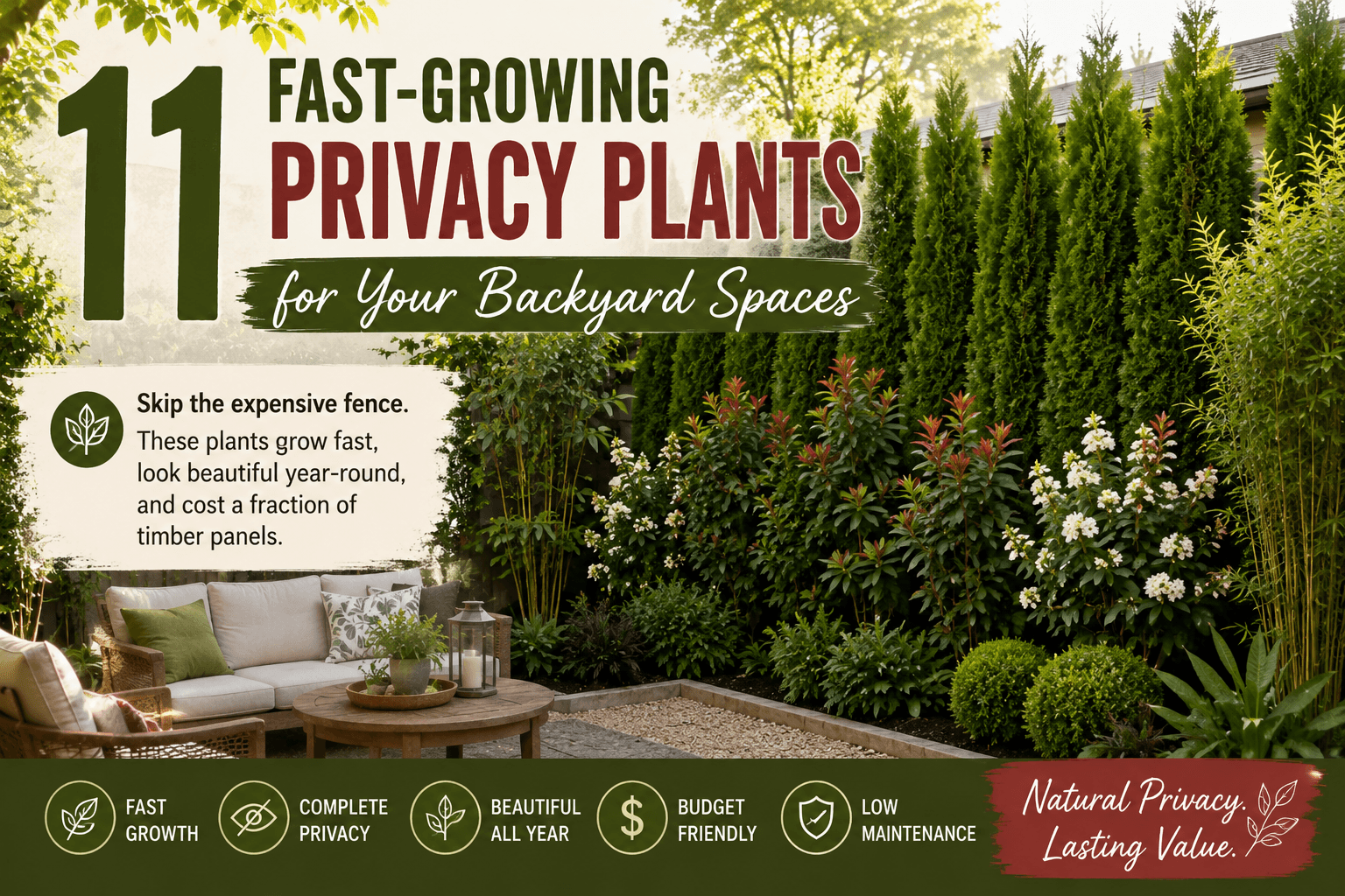 "Fast-growing privacy plants creating a natural backyard screen with evergreen hedges, shrubs, and an outdoor seating area."