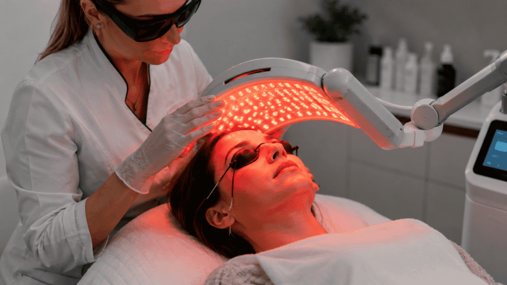 Dermatology professional performing red light therapy treatment.