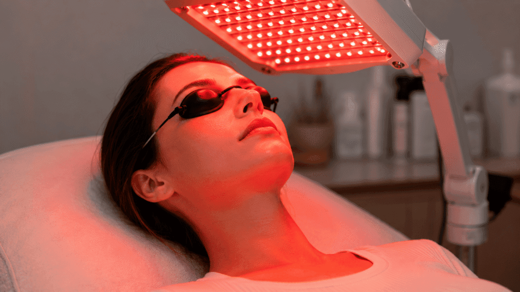 Protective eyewear used during red light therapy treatment.