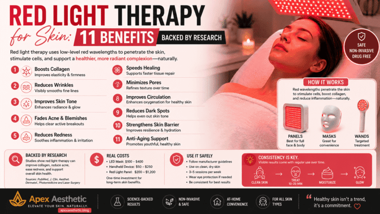 Red light therapy for skin showing anti-aging, collagen-boosting, and acne-reducing benefits backed by research