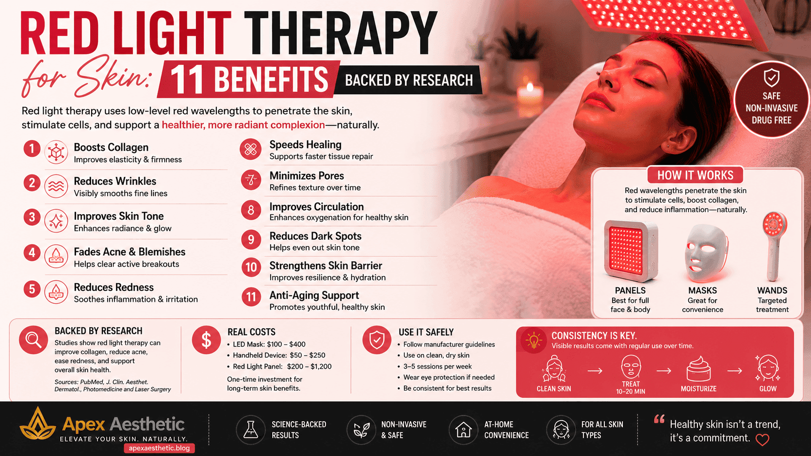 Red light therapy for skin showing anti-aging, collagen-boosting, and acne-reducing benefits backed by research