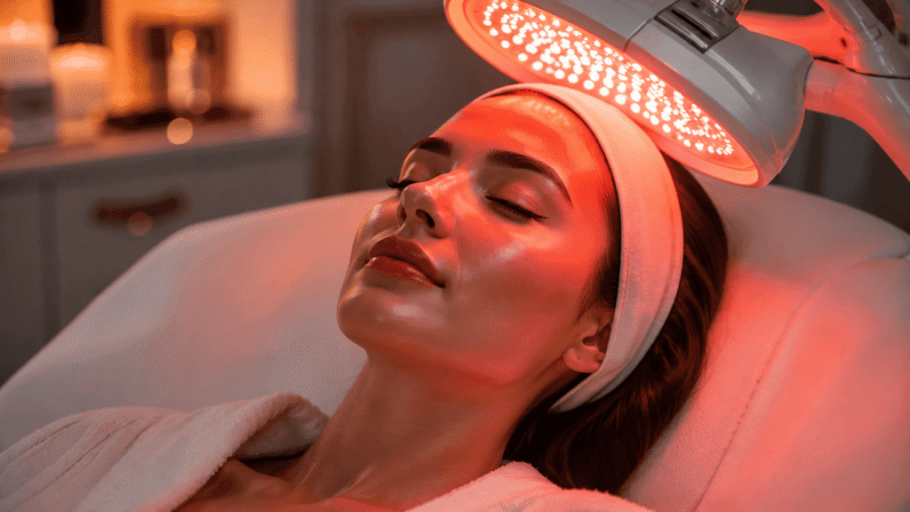 Woman receiving a red light therapy facial treatment for healthier skin.