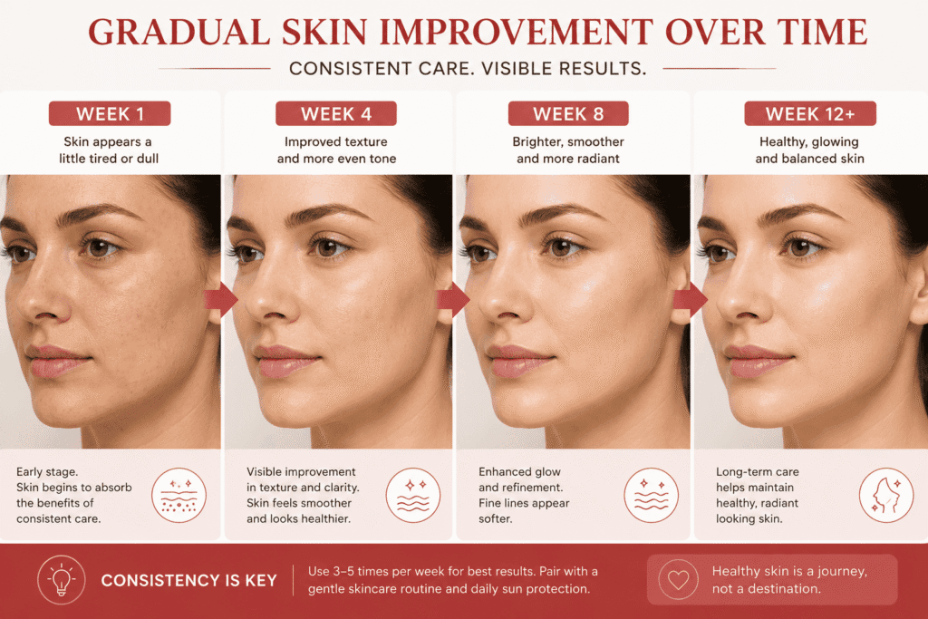 Educational illustration showing gradual improvements from consistent red light therapy use.