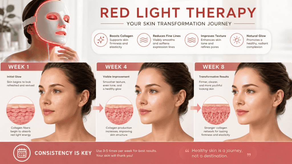Red light therapy treatment timeline showing gradual skin improvements.
