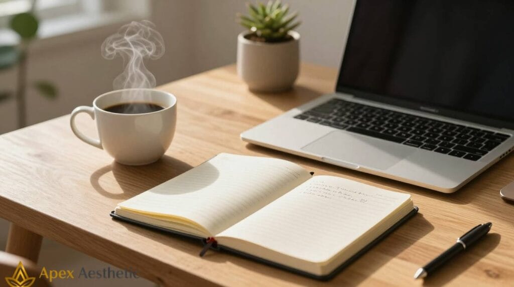 Morning productivity routine with coffee, planner, and laptop.