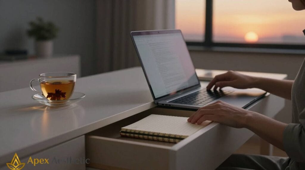 Evening shutdown ritual in a home office with a closed laptop and organized desk.