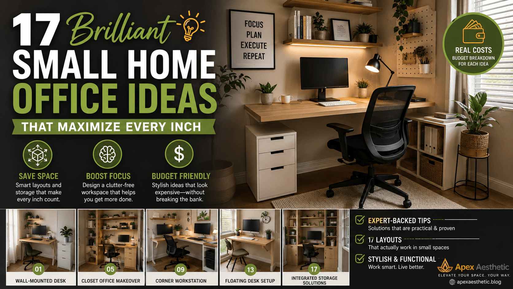 Small home office ideas with space-saving desk setup, smart storage, and a stylish minimalist workspace