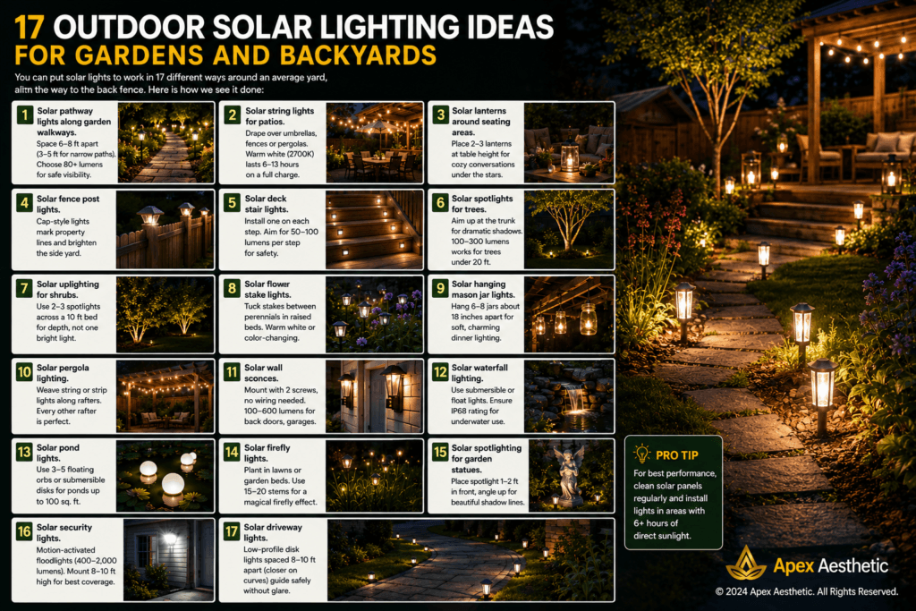 Outdoor solar lighting ideas for gardens featuring pathway lights, lanterns, spotlights, string lights, and illuminated backyard landscaping.