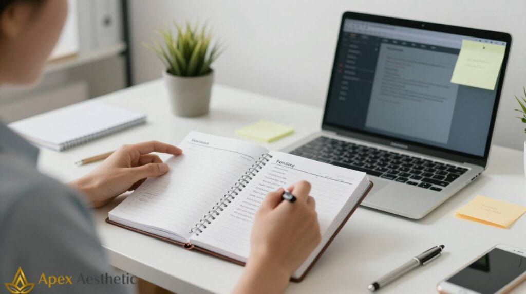 Remote worker reviewing weekly priorities and goals.