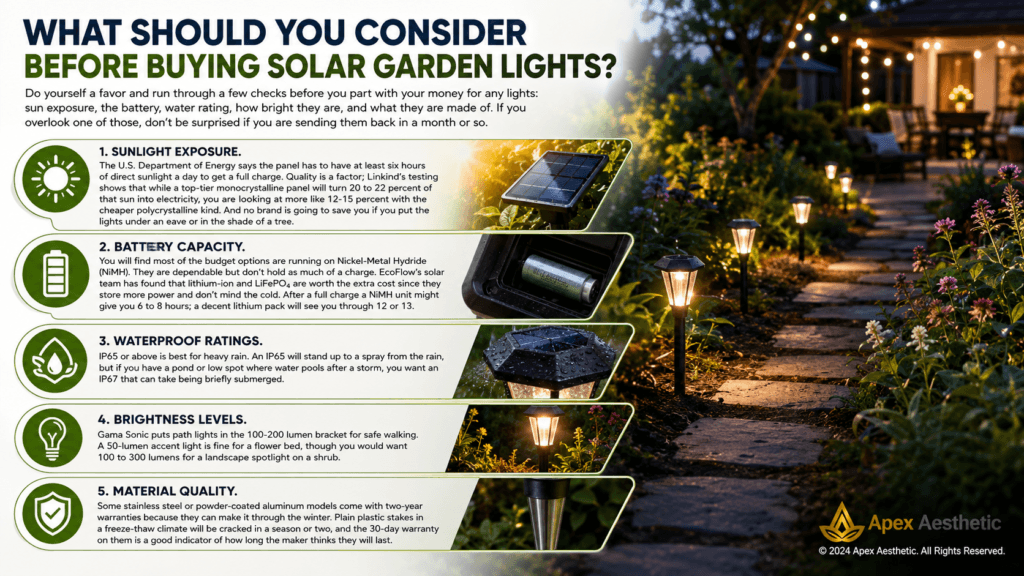 Solar garden lights buying guide infographic with pathway lighting, battery, waterproof, brightness, and solar panel tips.