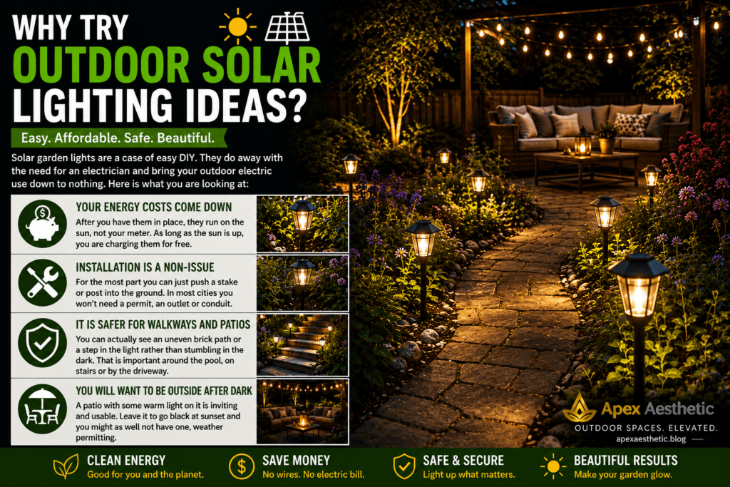 Outdoor solar lighting ideas illuminating a garden pathway and patio at night.