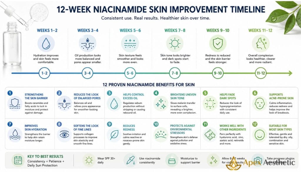 Niacinamide skincare routine showing healthy skin, Vitamin B3 serum, dermatologist-inspired skincare products, and daily skin barrier care for brighter, healthier-looking skin.