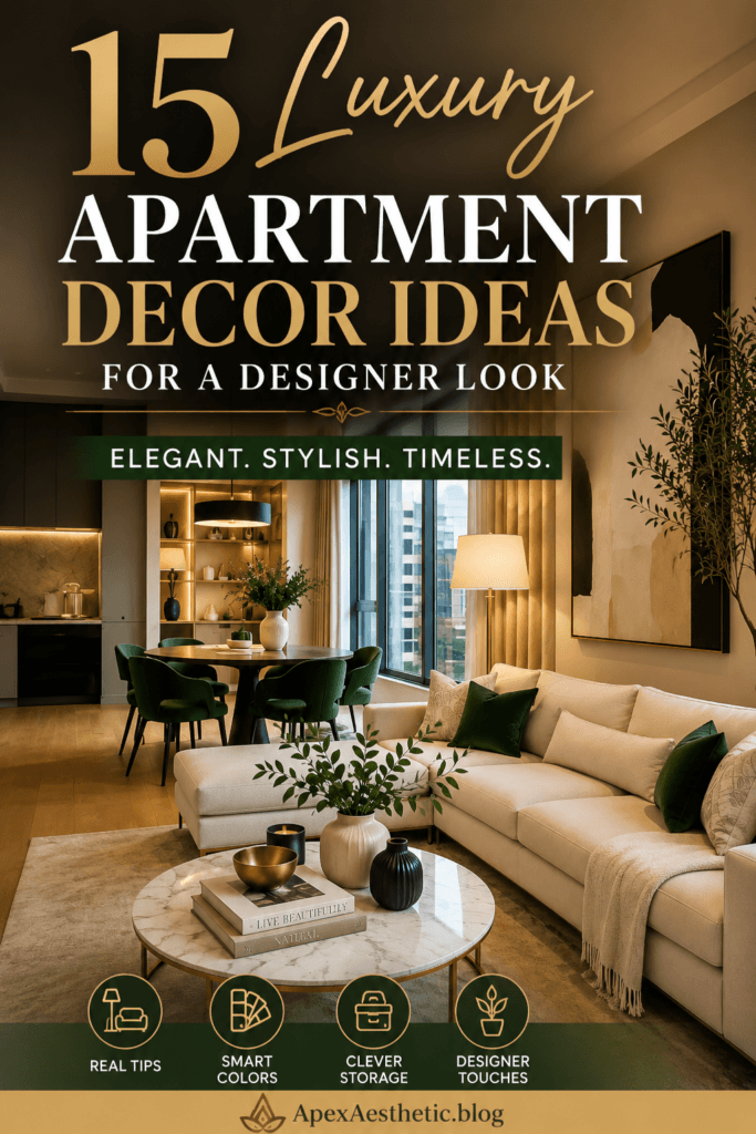 15 luxury apartment decor ideas featuring a modern designer living room with elegant furniture, warm lighting, neutral colors, smart storage, and minimalist styling for small spaces.
