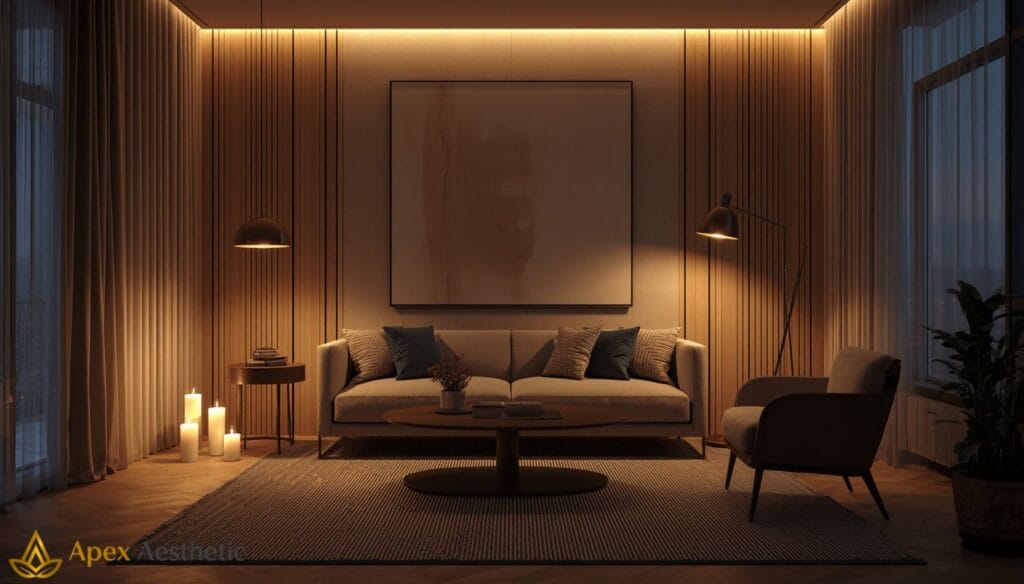 Modern apartment with layered lighting using pendant, floor, and table lamps for a luxury look.
