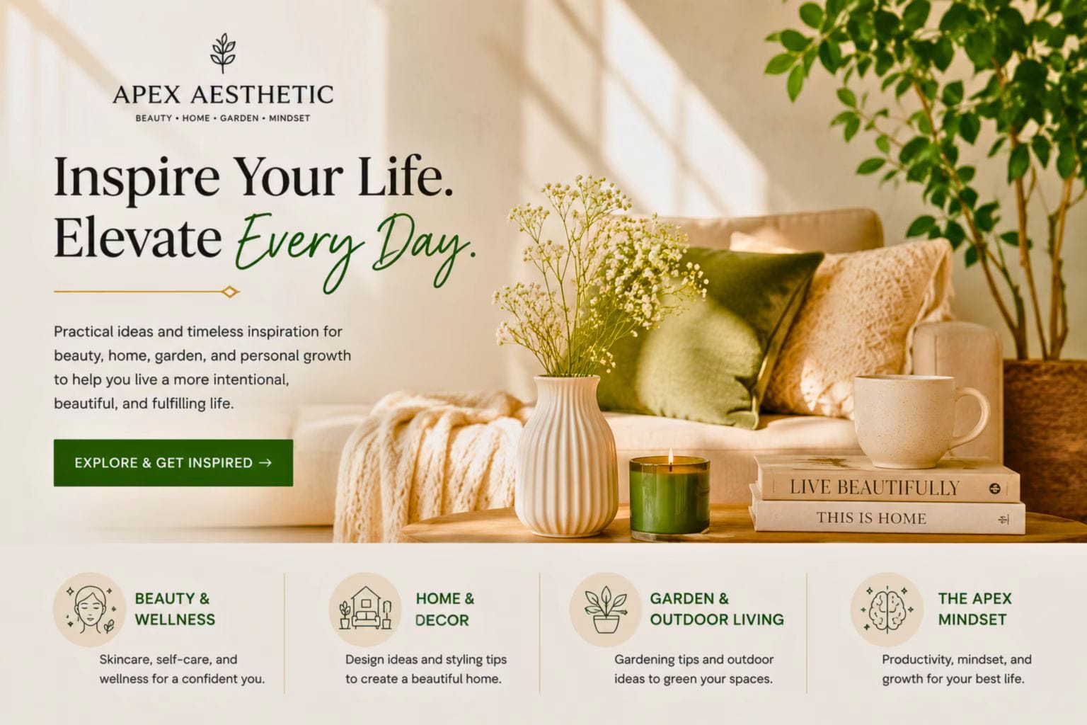 ApexAesthetic.blog homepage banner featuring beauty and wellness, home and decor, garden and outdoor living, and mindset inspiration in a bright modern lifestyle setting.