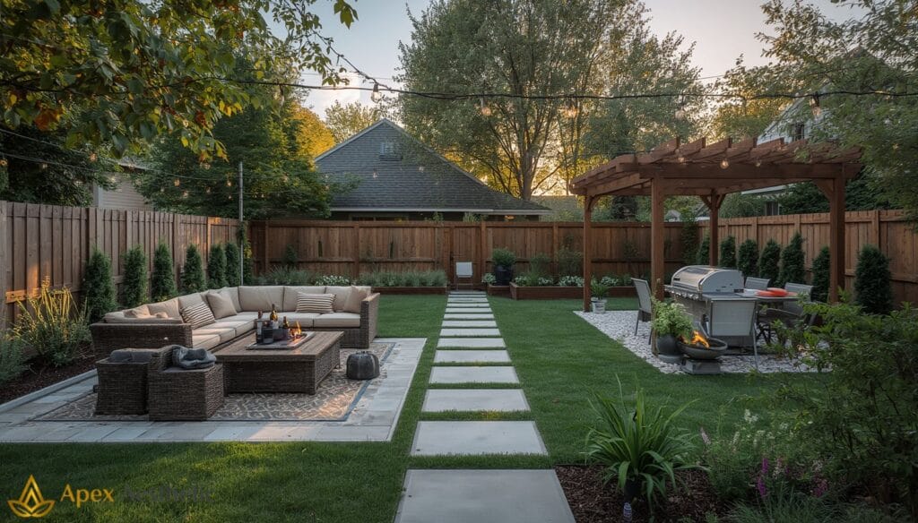 Beautiful backyard makeover with patio seating, landscaping, and outdoor lighting.