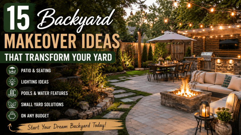 15 backyard makeover ideas featuring patio seating, outdoor kitchen, fire pit, garden lighting, water features, and affordable landscaping inspiration.