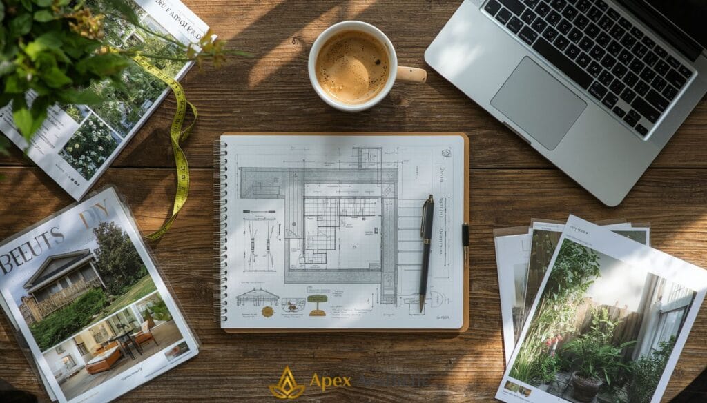 Homeowner planning a backyard renovation using sketches, measurements, and design ideas.