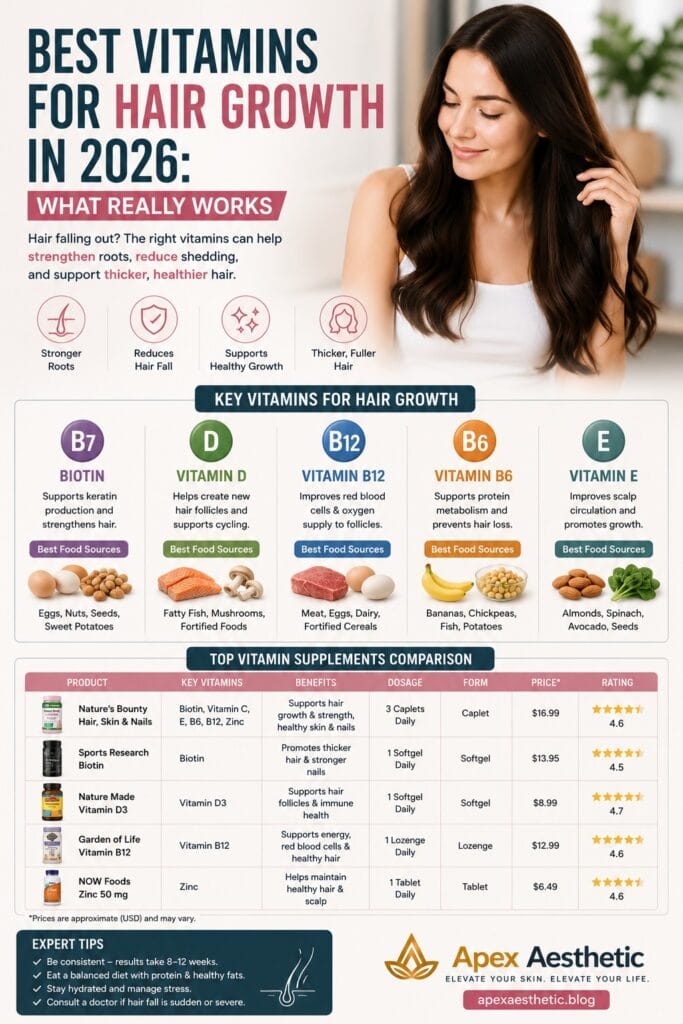 Hair growth vitamins guide with biotin, vitamin D, B12, B6, vitamin E, food sources, and supplement comparison chart.