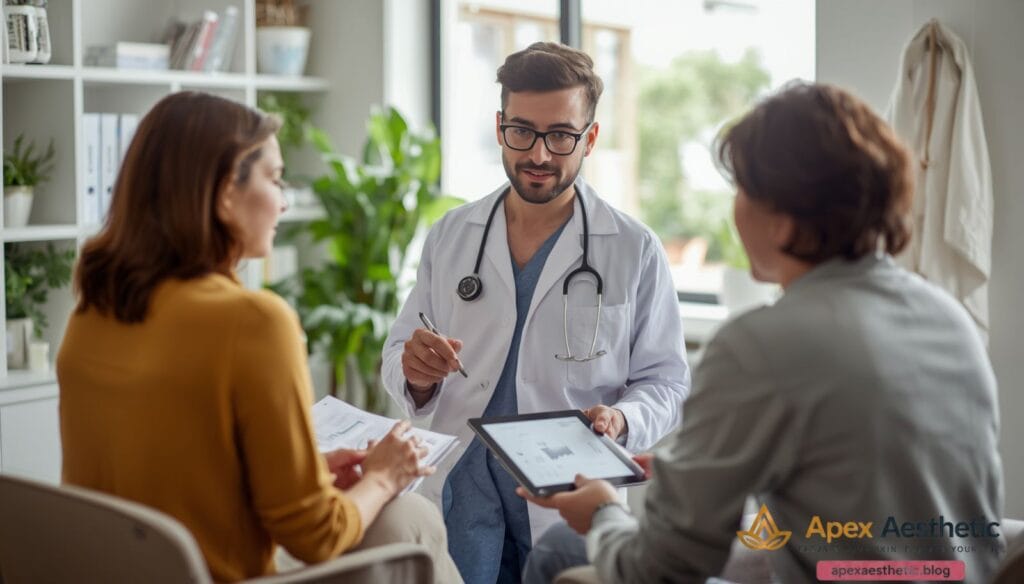 Dermatologist discussing blood test results for vitamin deficiencies related to hair health.