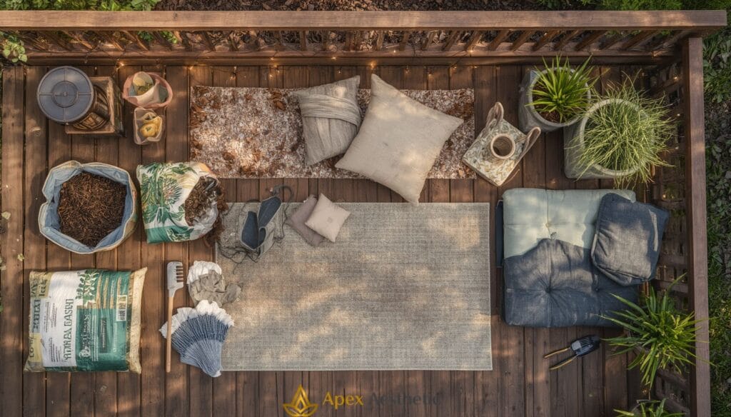 Essential materials for a budget backyard makeover including mulch, lights, plants, and tools.