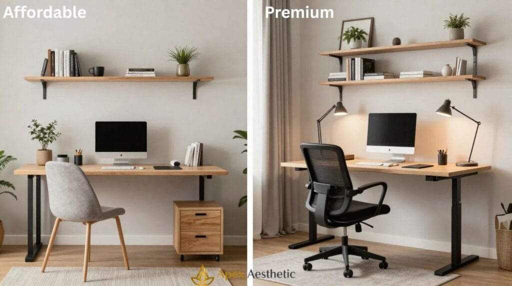 Comparison of budget and premium home office setups showing ergonomic furniture and workspace organization.