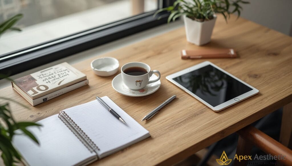 Morning journaling routine supporting daily emotional intelligence habits, reflection, and personal growth.
