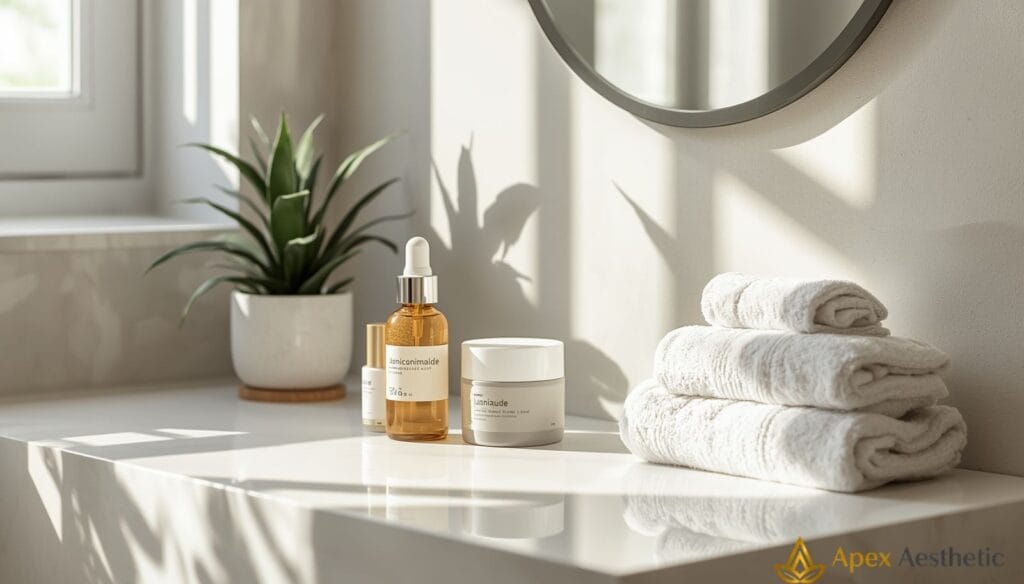 Niacinamide skincare routine showing healthy skin, Vitamin B3 serum, dermatologist-inspired skincare products, and daily skin barrier care for brighter, healthier-looking skin.