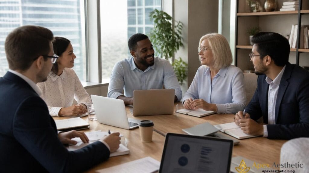 Diverse professionals demonstrating emotional intelligence through teamwork, communication, and active collaboration in a modern workplace.