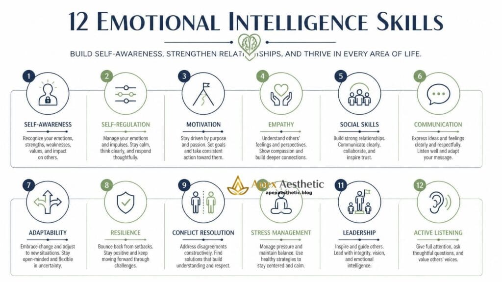 Infographic comparing core emotional intelligence skills and their benefits for leadership, communication, and personal growth.