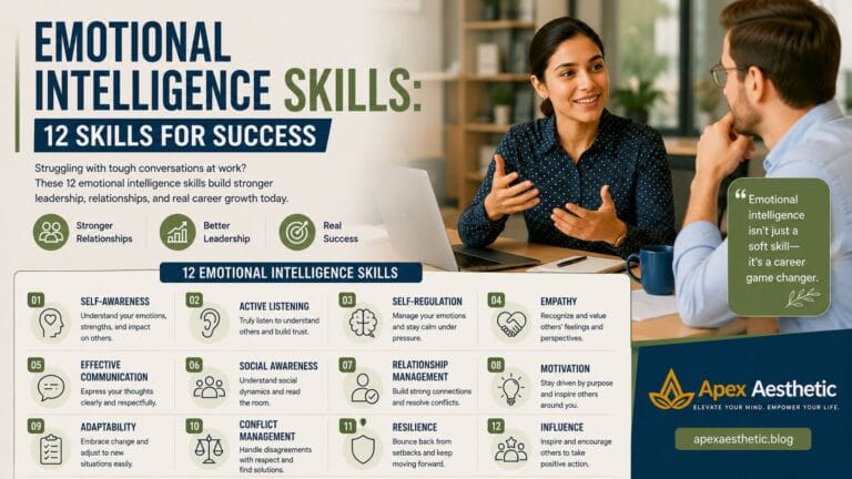 Emotional intelligence skills infographic for better leadership, workplace communication, and career success.