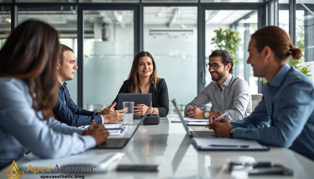 Coworkers using emotional intelligence skills during a respectful workplace discussion and team collaboration.