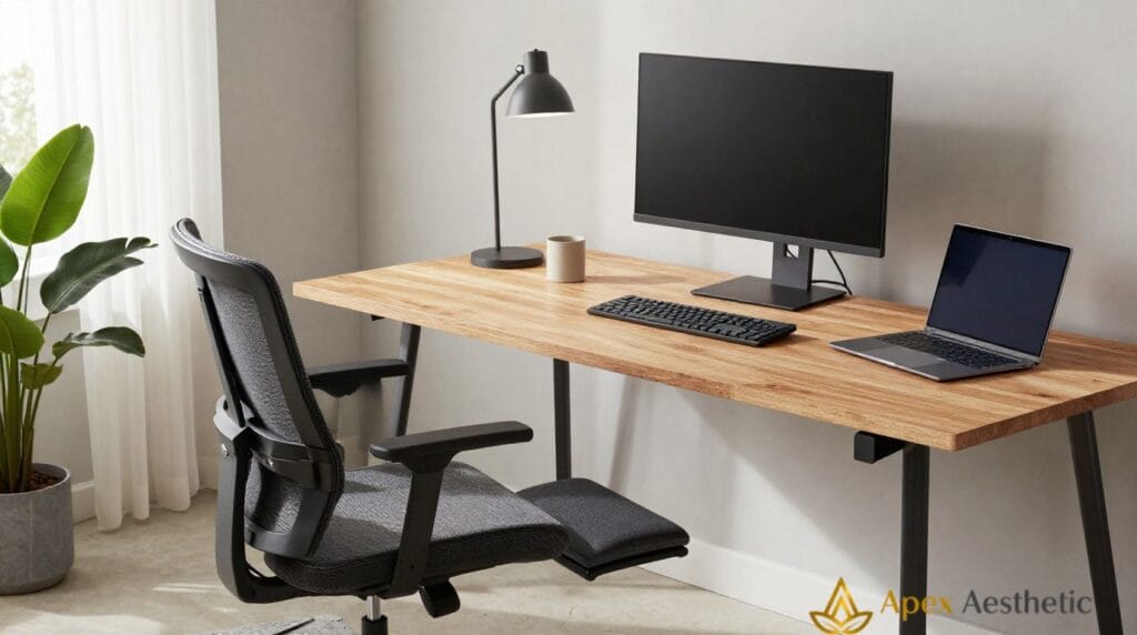 Ergonomic home office with adjustable chair, organized desk, monitor, and productive workspace design.