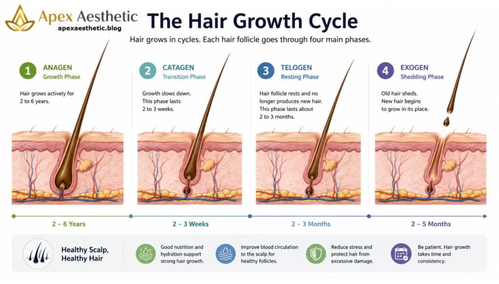 Infographic explaining the natural hair growth cycle and hair follicle stages.