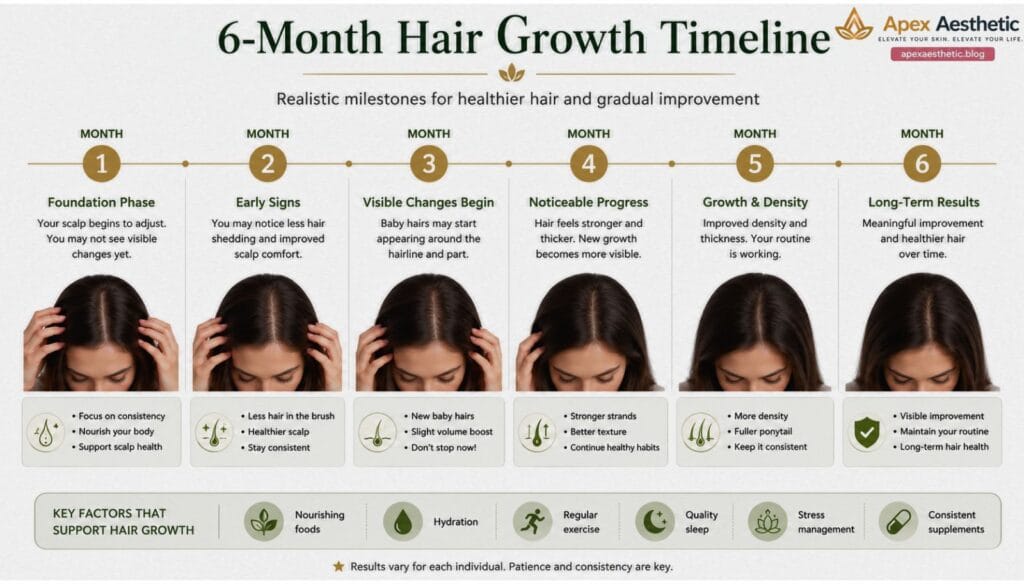 Timeline showing gradual results from consistent hair growth vitamin use.