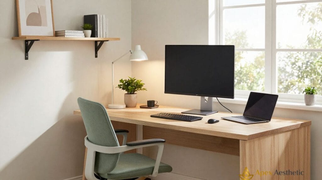 Modern home office decor with an ergonomic workspace, natural lighting, minimalist furniture, and organized desk setup.