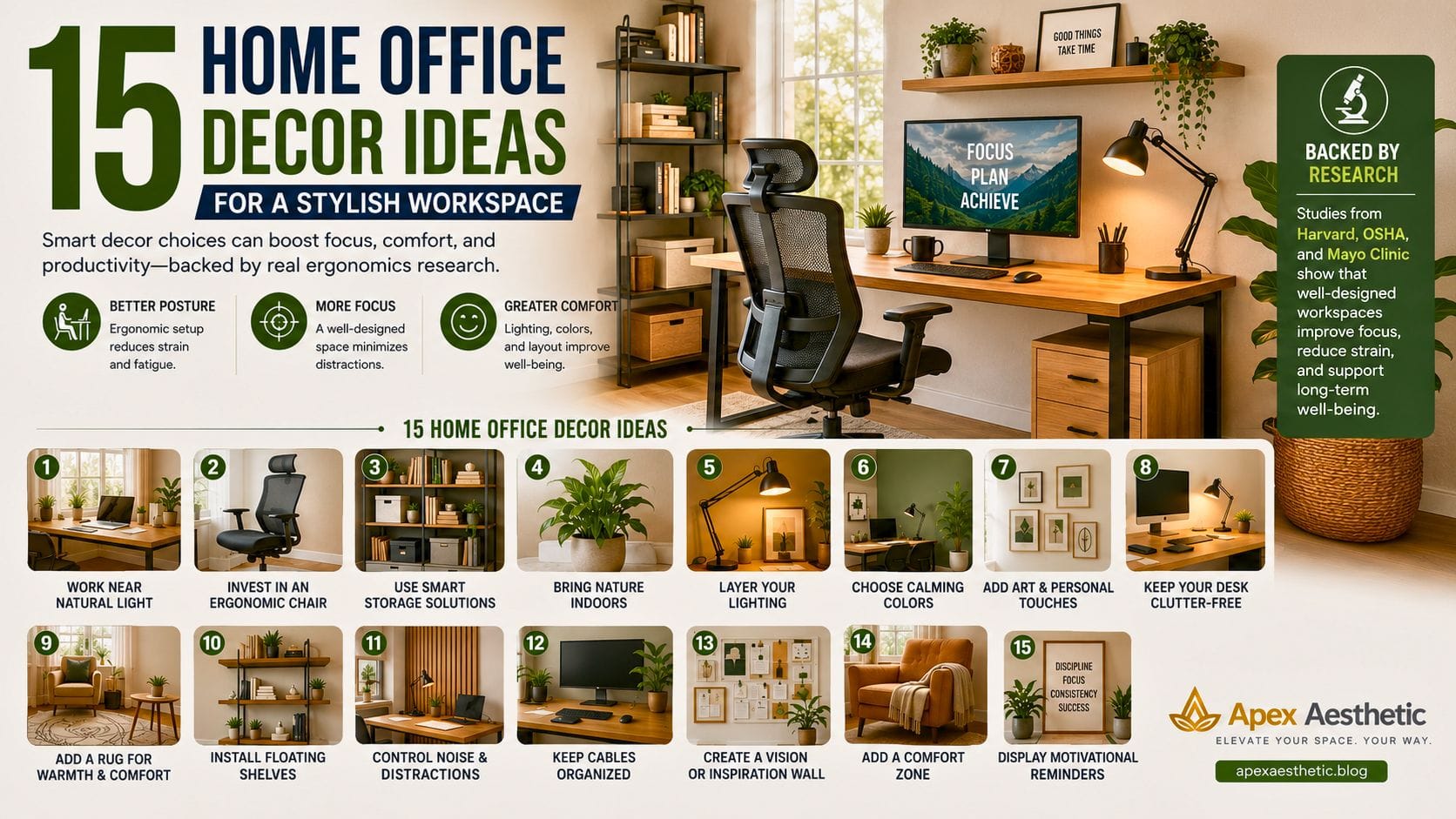 Home office decor ideas with ergonomic desk, smart storage, layered lighting, and a stylish modern workspace.