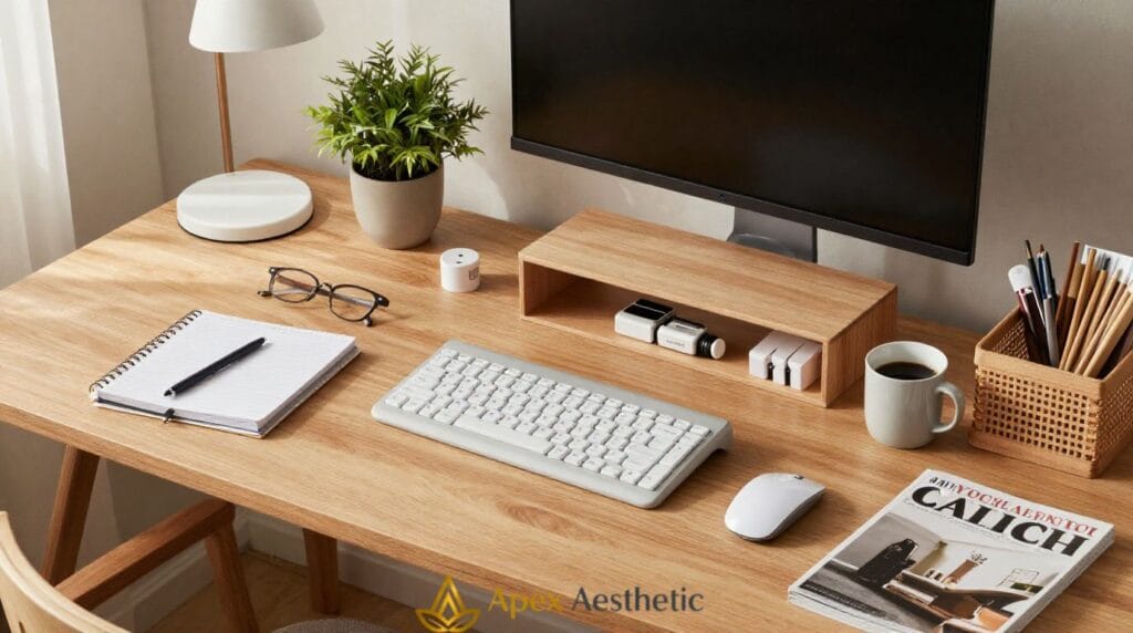 Home office essentials including ergonomic accessories, desk organizer, lighting, storage, and workspace tools.