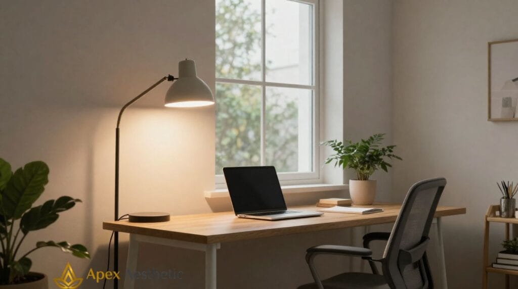 Modern home office with layered lighting, natural daylight, desk lamp, and comfortable workspace.