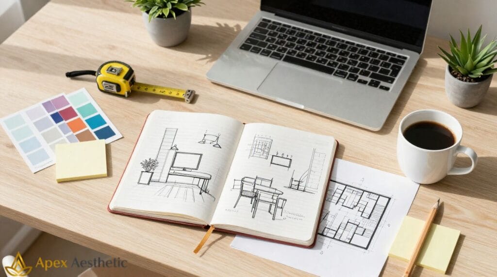 Workspace planning desk with office layout sketches, notebook, measuring tools, and home office inspiration.