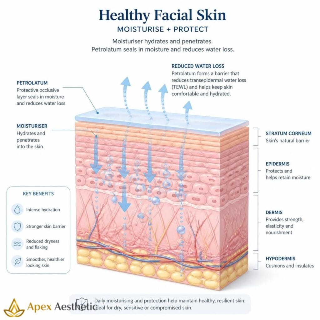 Illustration showing how slugging seals moisture into the skin barrier.