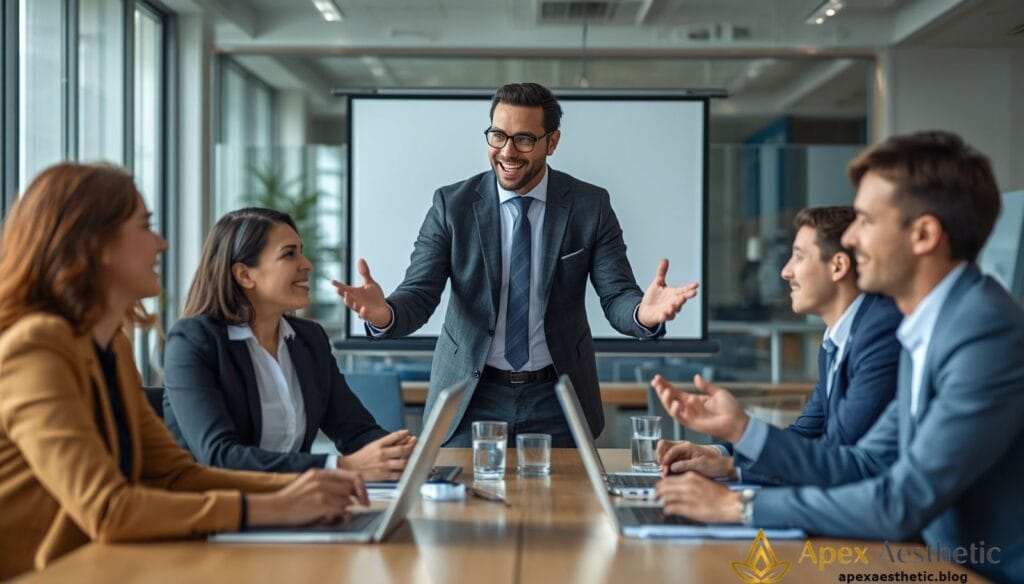Business leader demonstrating emotional intelligence through positive leadership, teamwork, and effective communication.