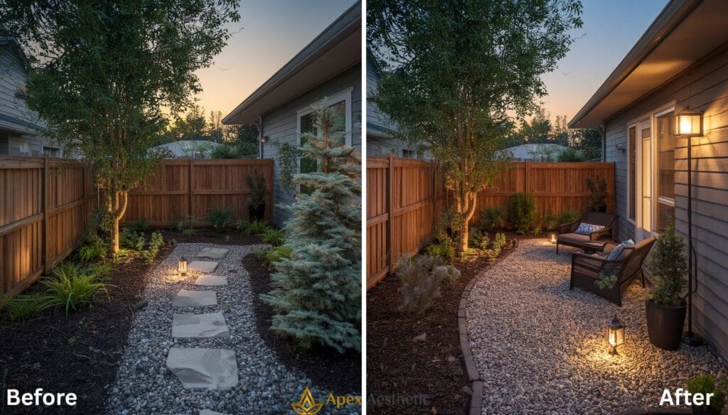 Affordable backyard makeover using gravel, mulch, plants, and simple outdoor furniture.