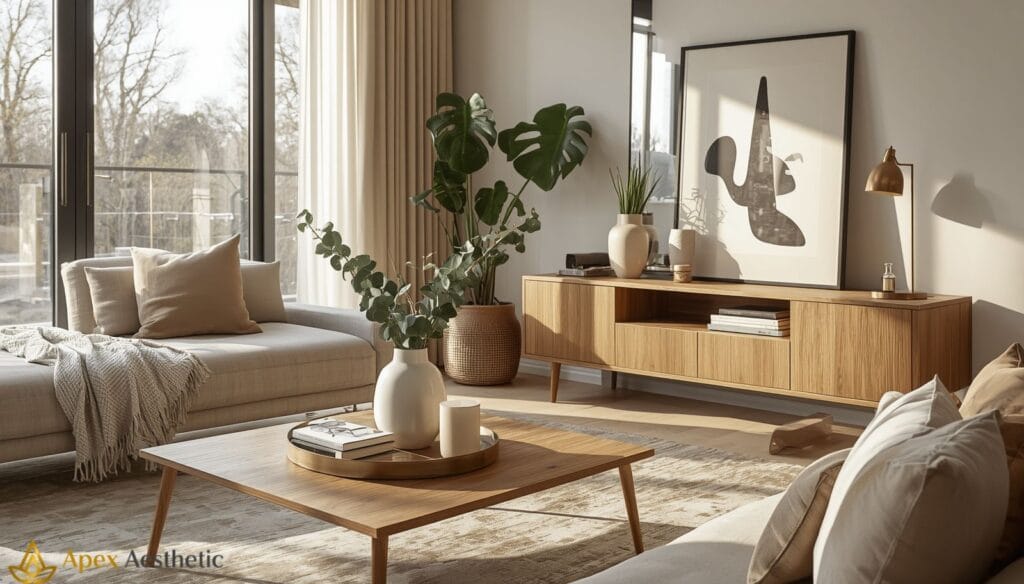 Luxury apartment décor essentials arranged on a stylish coffee table with lighting, plants, artwork, rugs, and decorative accessories.