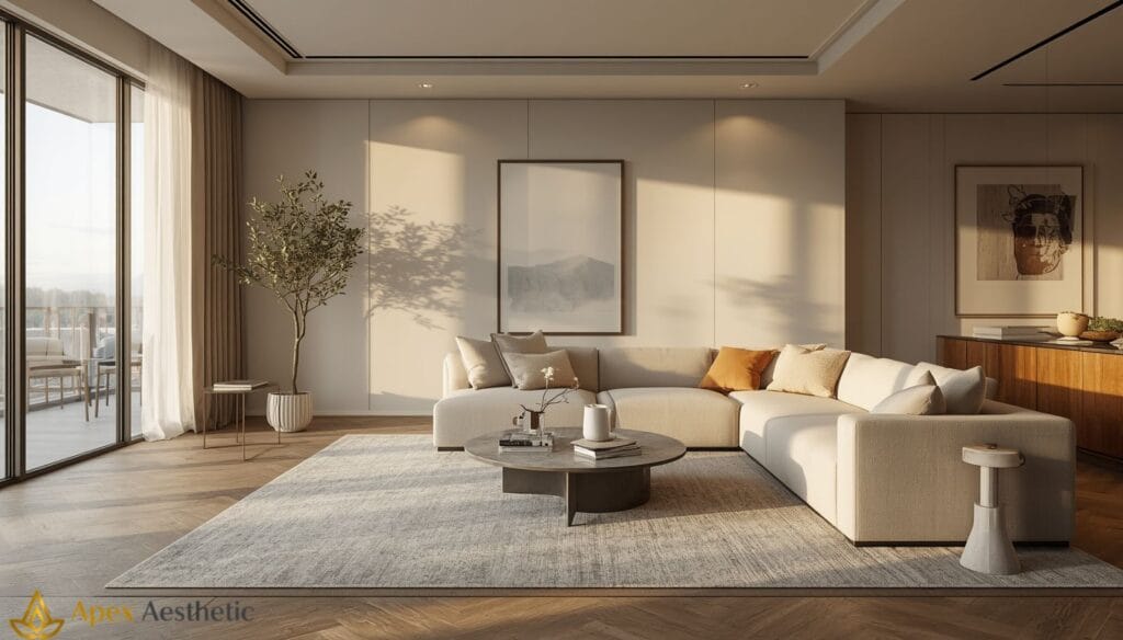 Luxury apartment living room with modern minimalist décor, designer furniture, and warm natural lighting.