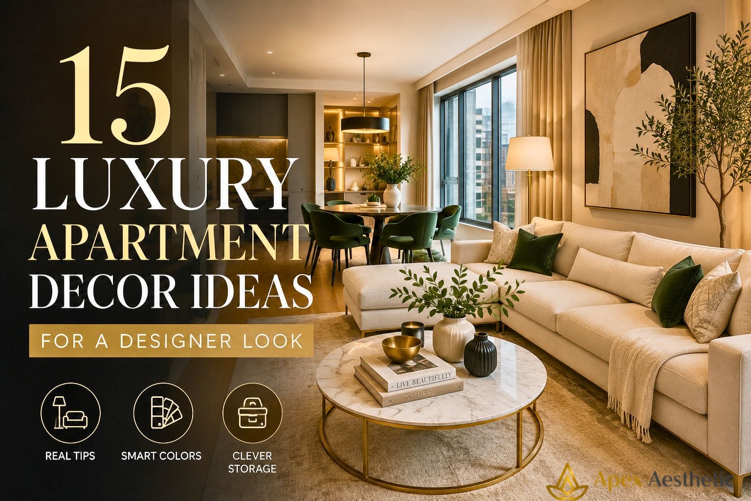 Luxury apartment decor ideas featuring a modern designer living room with elegant furniture, warm lighting, neutral colors, and minimalist styling.