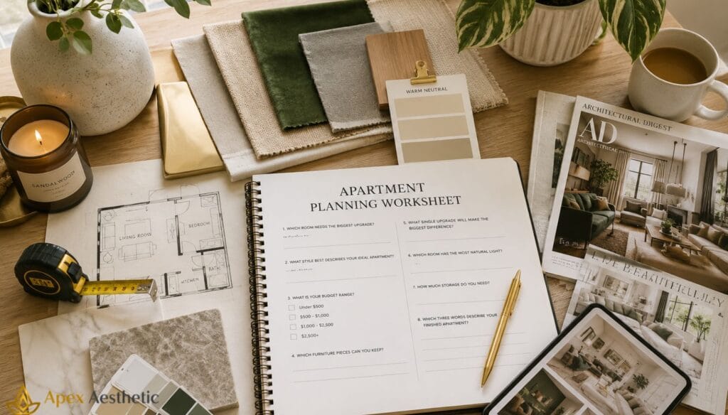 Apartment planning worksheet with mood board, floor plan, fabric samples, and decorating inspiration for a luxury apartment makeover.