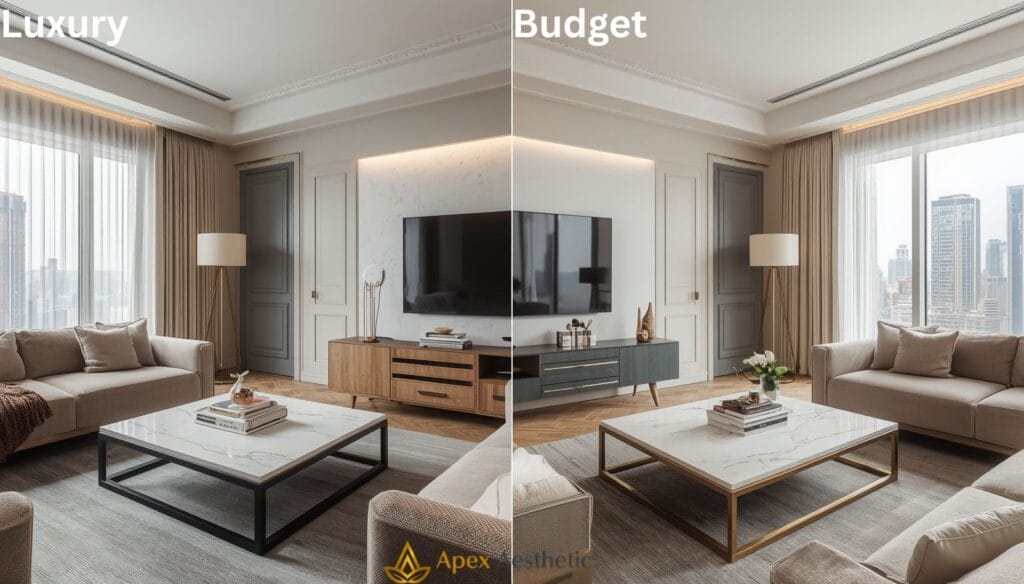 Comparison of luxury apartment décor and budget-friendly alternatives with similar modern styling.