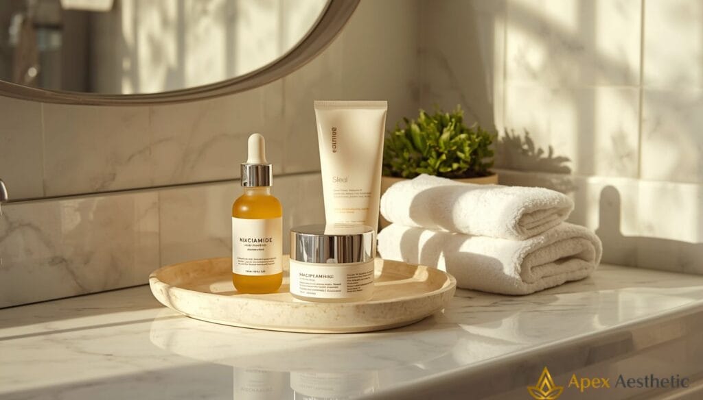 Niacinamide skincare routine showing healthy skin, Vitamin B3 serum, dermatologist-inspired skincare products, and daily skin barrier care for brighter, healthier-looking skin.