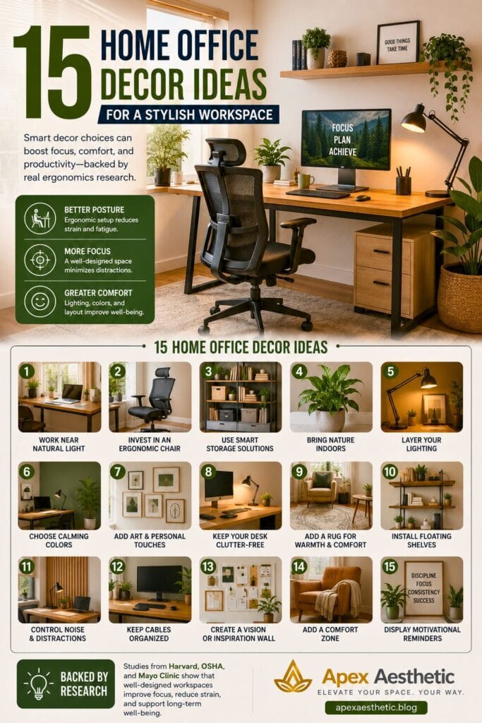 Modern home office decor featuring a minimalist workspace, ergonomic chair, floating shelves, and indoor plants.